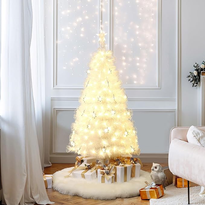 LuxenHome 5FT White Christmas Tree, 13 Lighting Funtions Artificial Fiber Optic Christmas Tree with 179 LED Lights, 336 PVC and Bristle Tips, Plug-in White Xmas Trees for Living Room, Entryway Decor