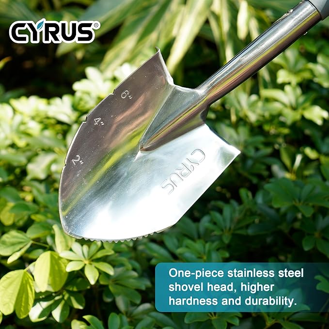 CYRUS Garden Shovel for Digging, 28 Inches in Total Length, Mini D-Shape Heavy Duty Shovel with Serrated Edges, Suitable for Garden, Lawn and Outdoor Camping