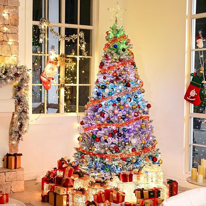 Hykolity 6ft Pre-lit Flocked Christmas Tree with Remote Control, 250 Multi-Color RGB Lights,1032 PVC Branch Tips, 15 Mode Artificial Hinged Christmas Tree for Home