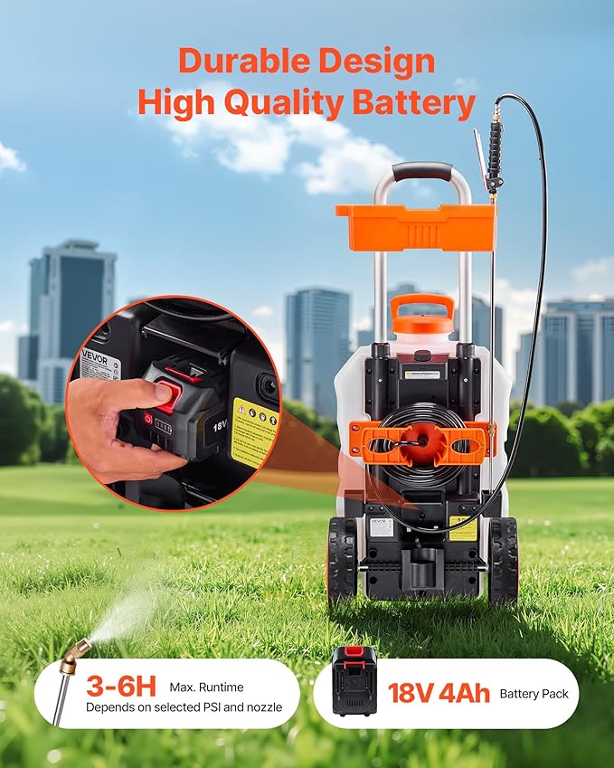 VEVOR Battery-Powered Sprayer with Wheeled Cart, 10 Gallons Electric Weed Sprayer, Adjustable 0-80 PSI, Yard Lawn Sprayers with Wheels, 5 Nozzles & 98ft Hose, 3-6H Spray Time, for Weeding, Cleaning