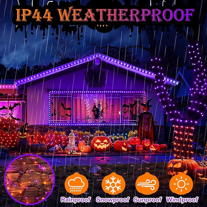 Decute Halloween String Lights Outdoor Indoor Waterproof 300LED 105FT UL Certified with End-to-End Plug 8 Modes, Decoration Lights for Christmas Tree Patio Garden Wedding Party Orange Purple