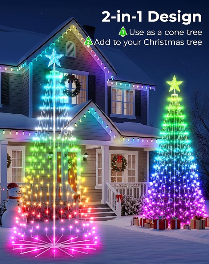 6ft DIY Outdoor Christmas Trees for Yard with 47 Prelit Lights 265 LED Christmas Tree Lights Color Changing Sync Musical APP & Remote Control Christmas Tree Light Show for Multicolor Decorations