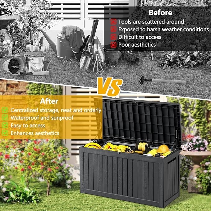 270 Gallon Deck Box, Resin Outdoor Indoor Waterproof Storage Box, Lockable Storage Box With Handle for Patio Furniture - Garden Tools (Black, 270 Gallon)