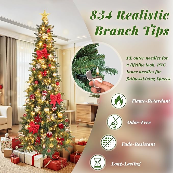 6.5ft Prelit Rotating Artificial Pencil Slim Christmas Tree with Remote Timer & Dimmer, Multi-Color LED Lights, PE & PVC Branches for Holiday Decor