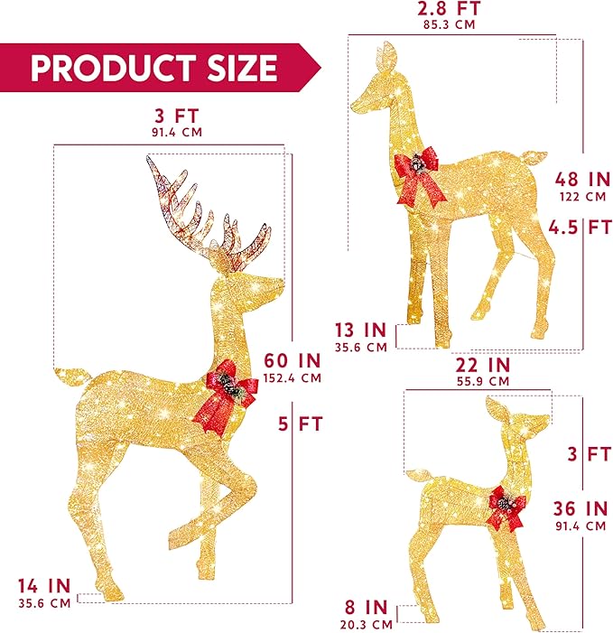 Joiedomi 3 Packs Christmas Decoration Deer Family, 360 LED Lighted Rattan Reindeers Yard Lights, Christmas Outdoor Decorations for Yard Garden Lawn, Xmas Decor, Golden Reindeer