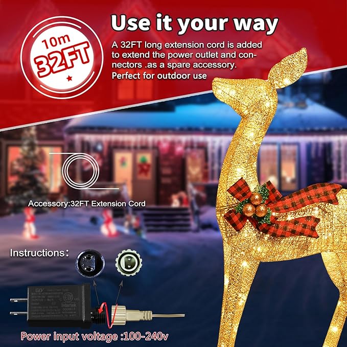 3-Piece Large Deer Family - HOYECHI Lighted Christmas 3D Reindeer Outdoor Yard Decoration Set w/ 210 LED Lights, Stakes, Zip Ties - Gold
