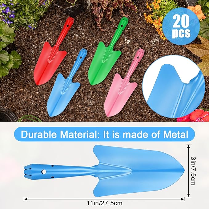 20 Pack Mini Colorful Metal Hand Shovel Digging Trowel Set Transplanting Garden Shovel for Flower Soil Planting Succulent Women Men Gift Indoor Outdoor, 4 Colors Gardening Tools 11 x 3 Inch
