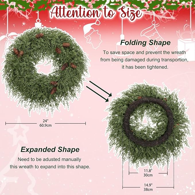 24 inch Christmas Wreath for Front Door, Real Touch Cedar Wreath with Pinecones Large Christmas Door Wreaths Artificial Hanging Pine Wreath for Xmas Indoor Outdoor Windows Holiday Decorations