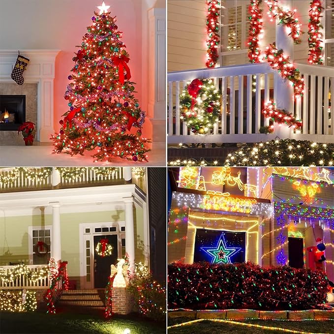 WATERGLIDE C6 Christmas Lights, 33ft 100 LED Faceted String Lights Green Wire Fairy Lights with Safe Adaptor, 8 Lighting Mode, Waterproof for Indoor Outdoor Patio Xmas Tree Party Decor, Red & Green