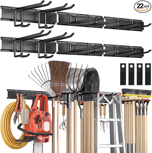 Garden Tool Organizer Wall Mount, 96 inches Tool Storage Rack with Adjustable Hooks, 600lbs Adjustable Heavy Duty Metal Hooks, Yard Shed Rack Holder System Hanging Rake Broom Mop Snowboard, Men Gift