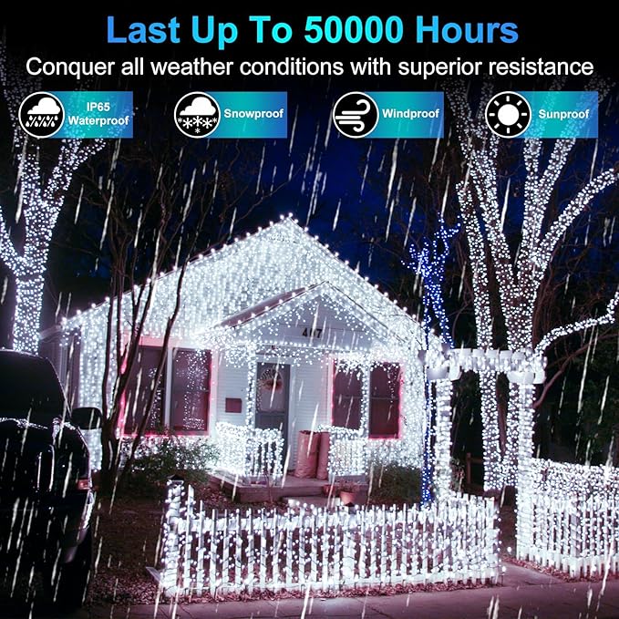 750 LED 256FT Christmas String Lights Outdoor, Christmas Light with 8 Lighting Modes& Timer & Memory, Plug in Outdoor Waterproof Clear Wire Twinkle Light for for Xmas Yard Tree Party Decor Cool White