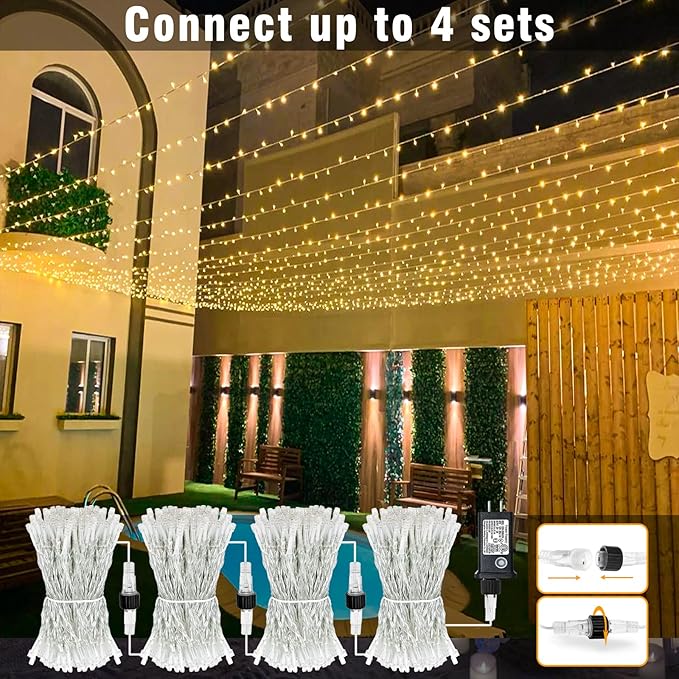 100FT 300 LED Christmas Lights Outdoor, Plug in Christmas String Lights Indoor, Waterproof & 8 Modes & Timer Function, Connectable Fairy Twinkle Light for Bedroom Patio Wedding Decor, Warm White