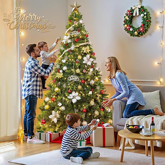 Thalassophile 9ft Pre-Lit Full Christmas Tree with Rotating Stand, Prelit Rotating Artificial Hinged Realistic Xmas Tree with Remote, 600 Lights Warm White & Multi Color, 2512 Branch Tips, Green