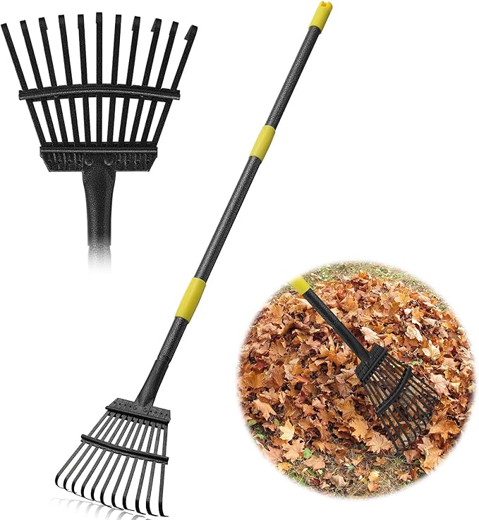 73" Leaf Rake- 11 Metal Tines 8.5" Wide- Small Leaves Rakes for Gardening- Adjustable Metal Leaf Rake for Picking Leaves Yard Women Kids Gardening RV Camping