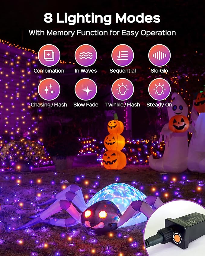 JACKYLED 300LED Purple & Orange Halloween Lights, 109FT Outdoor String Lights Connectable, Memory Function, 8 Modes Indoor Halloween Decorations for Party Carnival Supplies, Outdoor Yard Garden Decor
