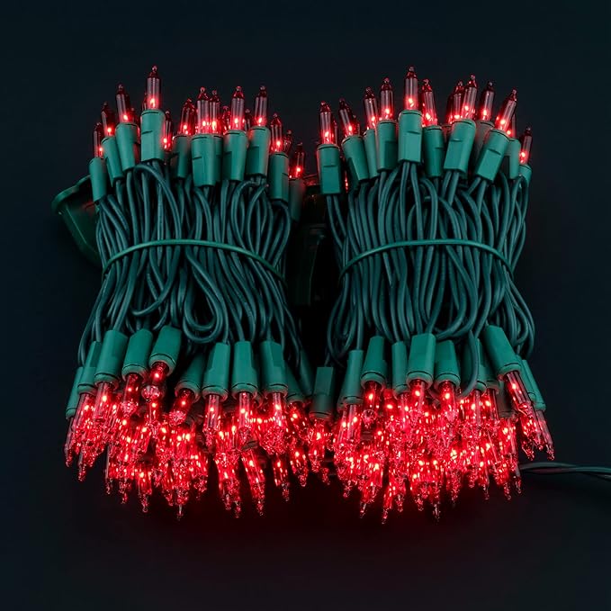 YULETIME 200 Red Christmas Lights, Pack of 2 Strands of 21 ft 100 Count UL Certified Incandescent Mini String Light (Red - Green Wire)