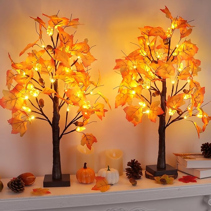 2 Packs 24 Inch Lighted Maple Tree Fall Thanksgiving Decorations with 48 LEDs Timer Battery Operated 3D Acorn Maple Lampshade Artificial Autumn Tree Lights for Thanksgiving Table Decor Home Indoor
