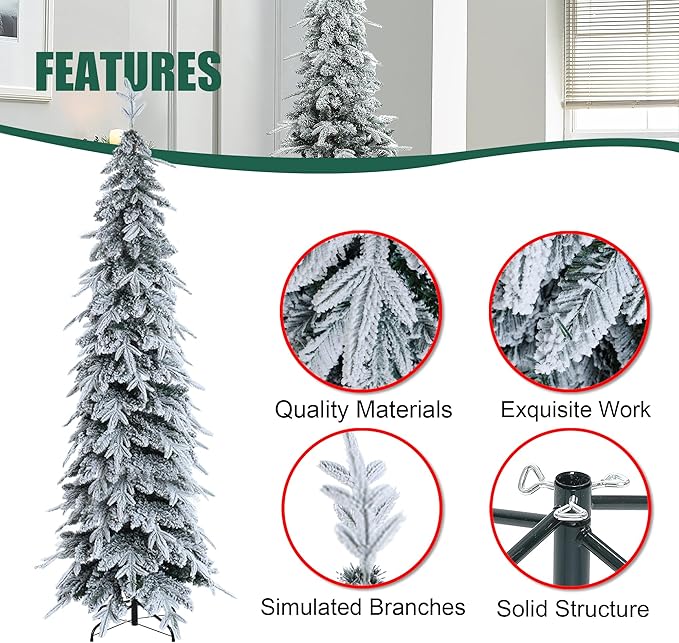 LuxenHome 7FT Flocked Christmas Tree, Unlit Downswept Slim Pencil Christmas Tree with 557 PE+PVC Brand Tips, Tall Artificial Christmas Trees with Stand for Indoor, Outdoor Holiday Decorations