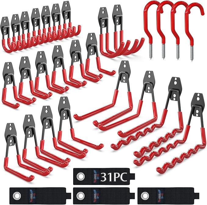 3-H Garage Wall Hooks 31 Pack, Garage Hooks Heavy Duty with Extra Welding Spots, Garage Organizer for Garden, Lawn, Yard Tools, Chairs, Ladders, Weed Eater, Shovel, Blower (Red)