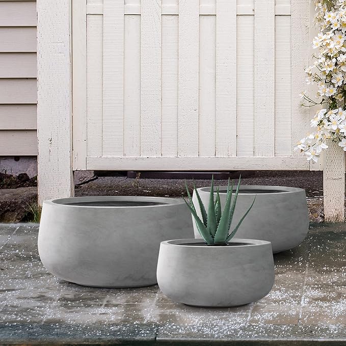 Kante 19.6",15.7",11.8" Dia Round Concrete Planters Set of 3, Outdoor Indoor Garden Plant Pots with Drainage Hole and Rubber Plug, Modern Curvaceous Design, Natural Concrete