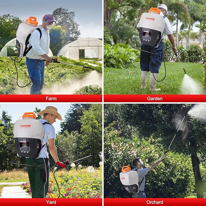 Toovem 4 Gallon Battery Powered Backpack Sprayer - Electric Garden Sprayer with 18V Strong Battery, Automatic Pressurization, 4 Nozzles, Comfortable Design for Lawn, Garden, Farms & Orchards Spraying