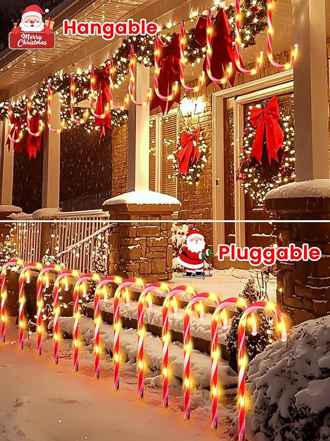 Upgraded 24 Pack Candy Cane Solar Christmas Lights Waterproof, Rechargeable Pathway Lights with Remote, Solar Powered & USB Charging Christmas Decorations Outdoor for Garden Lawn Yard Party