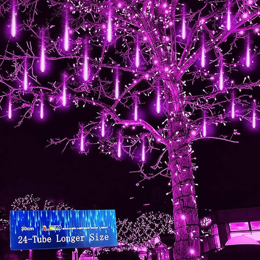 Kwaiffeo Halloween Lights, 24 Tubes Meteor Shower Light(Equivalent to 3 Sets of 8-Tube) for Halloween Christmas Decorations Outdoor, Purple Lights for Xmas Party Yard Tree Decor, UL Plug