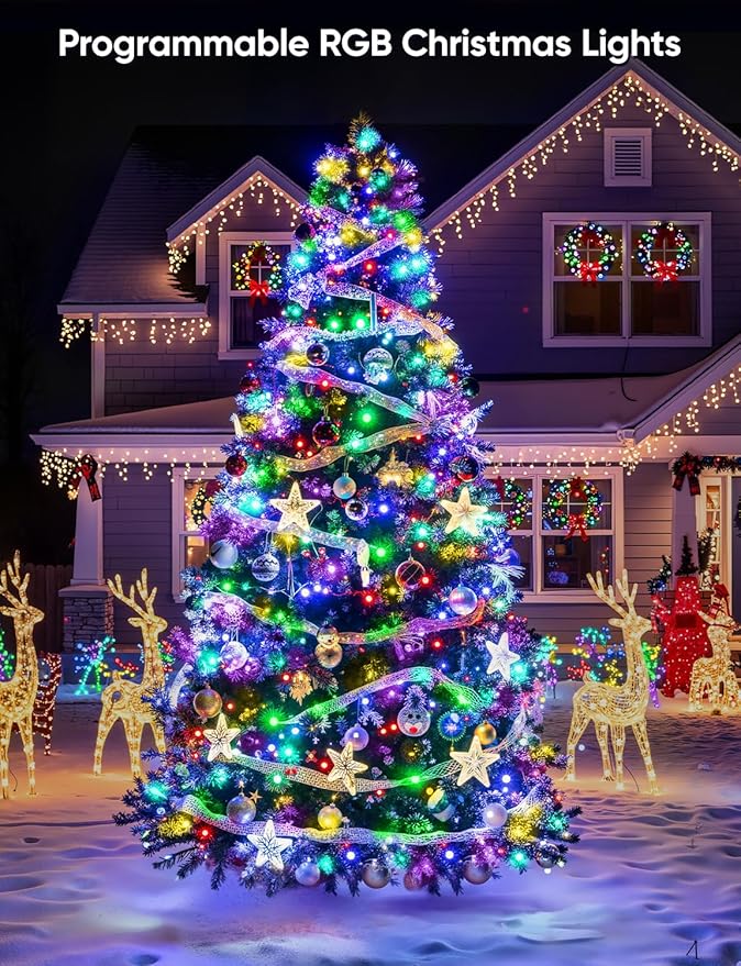Ollny Smart Christmas Lights, 197FT 600 LED APP Control RGB Color Changing Christmas Tree Lights with Remote, Programmable DIY Musical Waterproof Decor Light with Timer for House Indoor Outdoor House