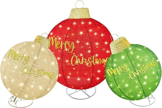 HOYECHI 3pc Lighted Pop-Up Outdoor Christmas Ornament Set – Holiday Ball Decorations with 290 LED Lights, 8 Lighting Modes, for Yard & Outdoor Christmas Decor - Red/Green/Gold
