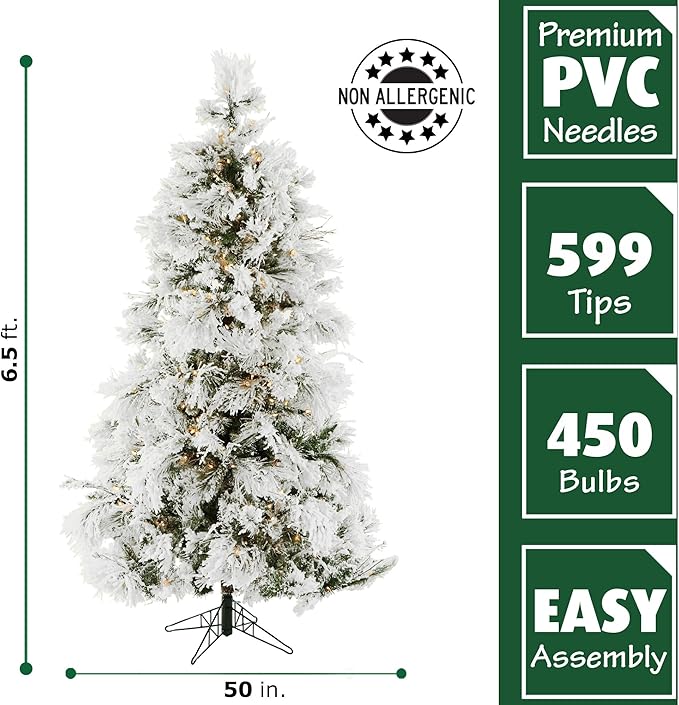 Fraser Hill Farm 6.5-Feet Pre-Lit Snow Flocked Snowy Pine Artificial Christmas Tree with Warm White LED String Lights, Full Silhouette, Realistic Foliage, Stand Included