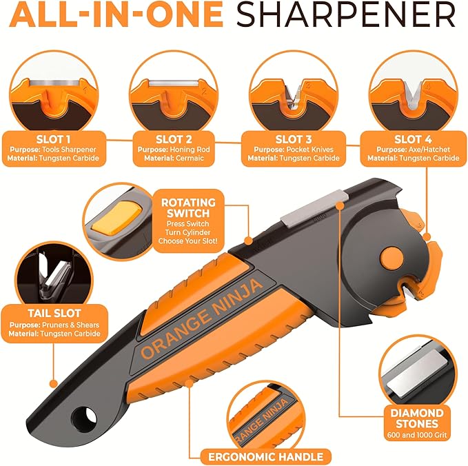 Orange Ninja 7-in-1 Garden Tool & Knife Sharpener – Sharpens Lawn Mower Blades, Axe, Hatchet, Machete, Pruner & Hedge Shears – Repairs & Hones Edges by Sharp Pebble