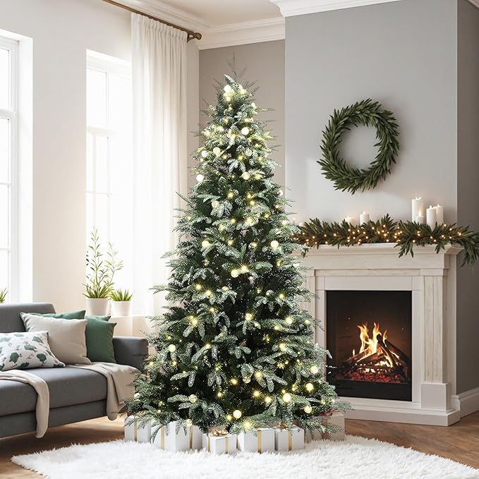 LuxenHome 6.5FT Prelit Christmas Tree with Lights, Green Flocked Artificial Christmas Tree with 350 LED Globe Lights, 1473 PE+PVC Branch Tips, Plug-in Prelit Pine Tree Indoor, Outdoor Holiday Décor