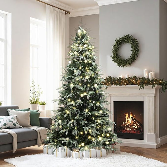 LuxenHome 6.5FT Prelit Christmas Tree with Lights, Green Flocked Artificial Christmas Tree with 350 LED Globe Lights, 1473 PE+PVC Branch Tips, Plug-in Prelit Pine Tree Indoor, Outdoor Holiday Décor