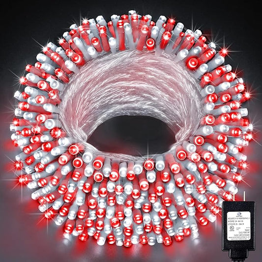 KNONEW 197FT 500 LED Christmas Lights Outdoor String Lights 8 Modes & Memory Fairy Light Plug in Waterproof LED String Lights for Xmas Yard Tree Wedding Party Holiday Decorations (Red and White)