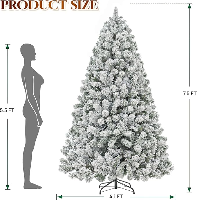 HOLLO STAR 7.5 ft Flocked Prelit Christmas Tree with 503 LED Lights, App Control, Artificial Christmas Tree, Multi-Color RGBW Lights, 1355 Branch Tips, Snow Xmas Tree, for Home, Party