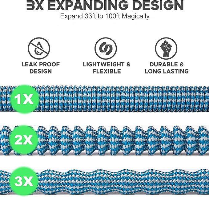 Expandable Garden Hose 100 ft with 10 Function Nozzle Sprayer, Lightweight Flexible Water Hose with Durable Collapsible Latex Core & Solid Brass Fittings, 100ft Retractable Stretch Hose, Blue & White