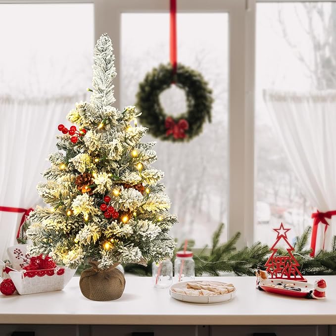 Uten Christmas Tree Flocking Snow Small Pine Cones/red Fruits, 50 LED Waterproof Battery Box with Cement Base Mini Christmas Tree Decorations for Home, Office, Party