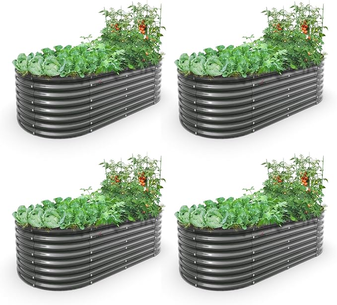 A ANLEOLIFE 6X3X2 ft Galvanized Raised Garden Beds Outdoor-4 Pack, Oval Large Metal Deep Root Planter Box for Planting Vegetables Flowers Herb, Anti-Rust & Easy-Setup, Quartz Grey