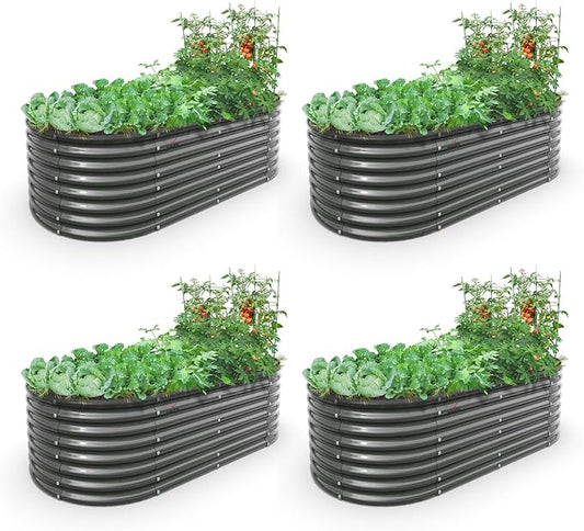 A ANLEOLIFE 6X3X2 ft Galvanized Raised Garden Beds Outdoor-4 Pack, Oval Large Metal Deep Root Planter Box for Planting Vegetables Flowers Herb, Anti-Rust & Easy-Setup, Quartz Grey