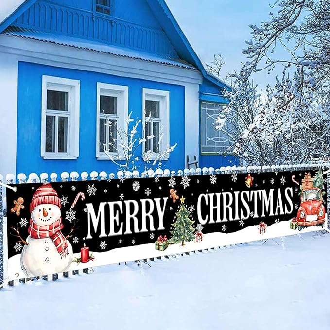 Happy Christmas Large Banner,Snowman Banner for Outside,Merry Christmas Truck Decorations for Yard Garden 120x20 Inches