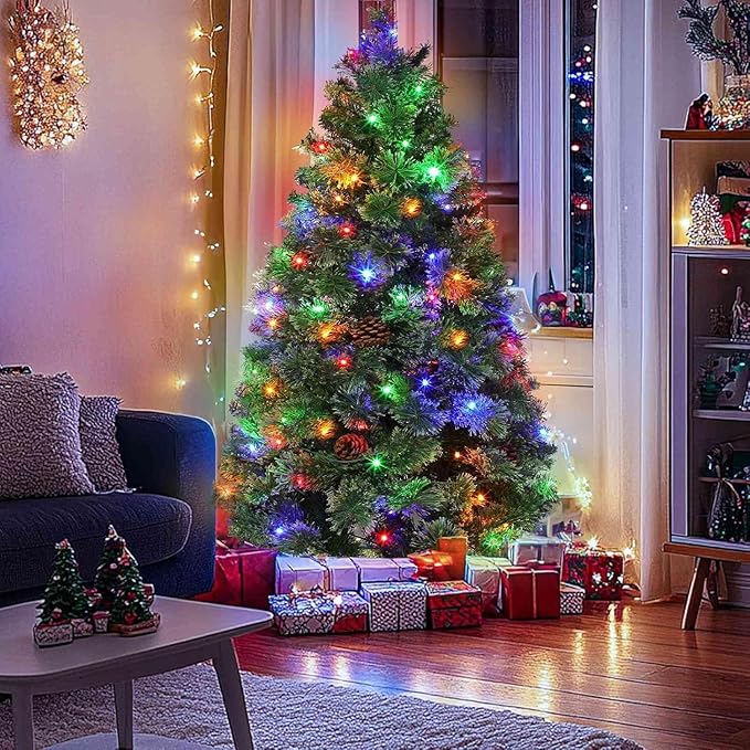 4.5 Ft Full Christmas Tree with Warm White&Color Lights, Frosted Smoky Pine,Pine Cones, 150 LEDs, Timer, Small Xmas Tree Decoration for Home, Tabletop, Office, Indoor, Outdoor, Metal Hinges Stand