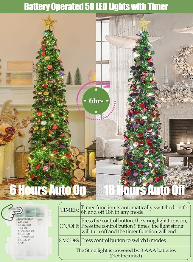 HMASYO 5 FT Pop Up Christmas Tree with Timer Lights, Green Christmas Tinsel Tree, Collapsible Artificial Pencil Christmas Tree for Indoor Home Apartment Porch Holiday Party Decorations
