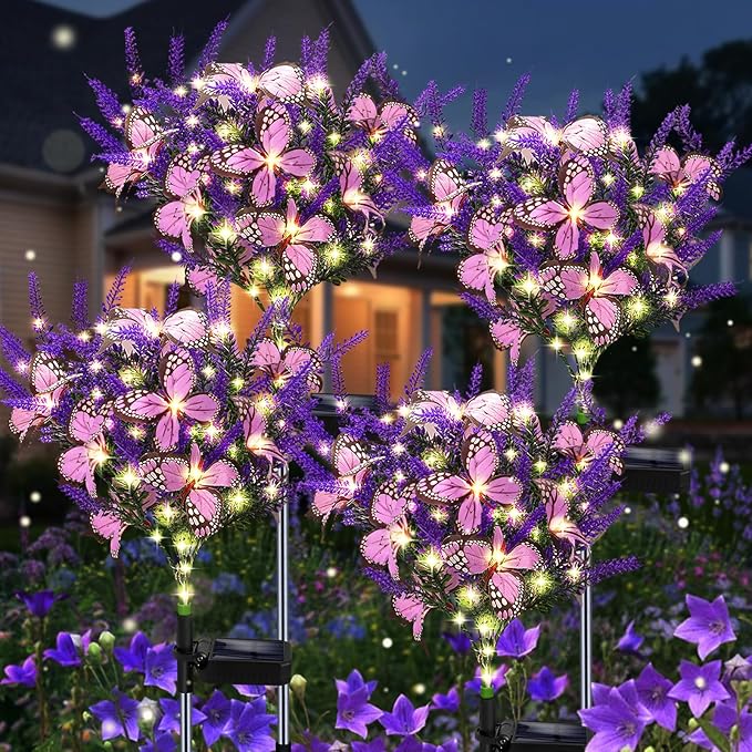 Kohlrabi Solar Garden Lights Outdoor, 4 Pack Purple Lavender Solar Butterfly Lights Gardening Gifts for Women, Artificial Flower with Butterfly Purple Garden Decor for Lawn Patio-Warm White