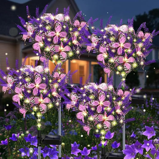 Kohlrabi Solar Garden Lights Outdoor, 4 Pack Purple Lavender Solar Butterfly Lights Gardening Gifts for Women, Artificial Flower with Butterfly Purple Garden Decor for Lawn Patio-Warm White