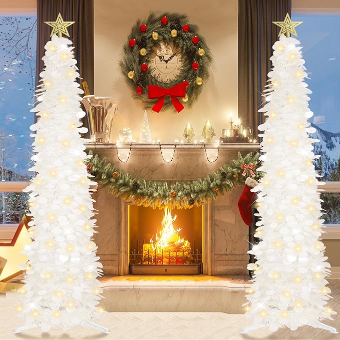 HMASYO 6 FT Pop Up Christmas Tree with 100 LED Lights & Remote, White Christmas Tinsel Tree, Collapsible Artificial Pencil Tree for Home Office Party Decor, USB Powered Timer Lights, Easy Assembly