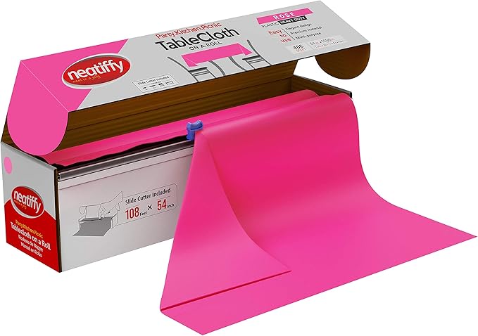 Neatiffy Disposable Plastic Table Cloth Roll | 54 in x 108 Ft Waterproof Tablecloth | Table Cover for Rectangle, Square, Round Oval Tables | Picnic, Party, Banquet, Birthdays, Weddings - Pink