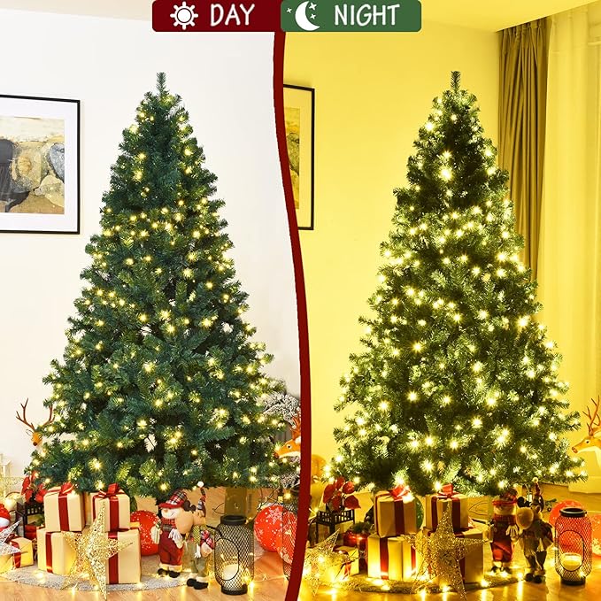 ERGOMASTER 7.5FT Pre-lit Artificial Christmas Tree with Lights, Fake Green Xmas Tree with 1346 Hinged Branch Tips, 400 LED Warm White Incandescent Lights & Foldable Metal Stand for Holiday Home Party