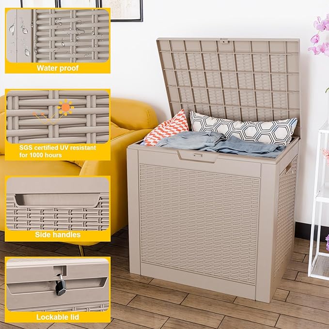 37 Gallon Outdoor Deck Box,Storage Lockable Waterproof Patio Furniture,Garden Tools,Cushions,Pool Accessories Outside Storage Resin Box(Grey)