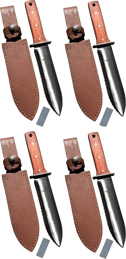 Garden Guru Hori Hori Garden Knife Supreme Set for Weeding, Digging, Pruning, and Cultivating - Stainless Steel Full Tang Blade | Marks for Measuring Planting Depth | Premium Leather Sheath (4 Pack)