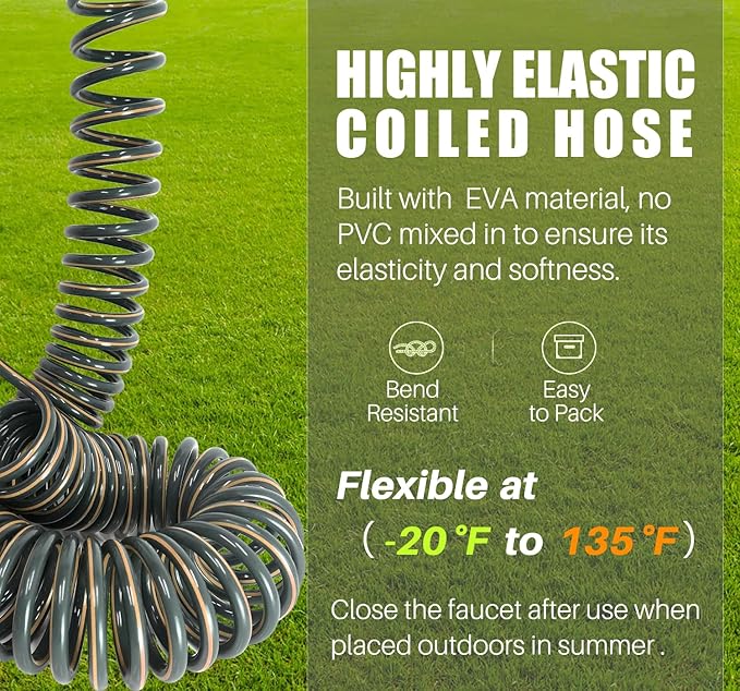 Coil Garden Hose 50 ft,3/8’’ Retractable EVA Coil Hose,Lightweight Recoil Garden Hose with Spray Nozzle, Spiral Water Hose for Boats, RV, House Cleaning, Yard, Gray Orange